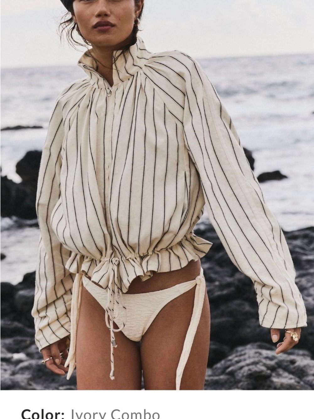 Free People Ivory Combo Striped Drawstring Jacket